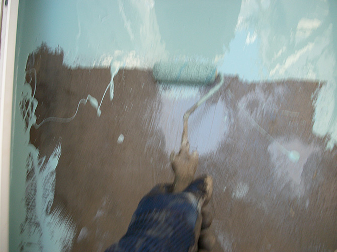 ベランダ床部分のウレタン防水材の塗布